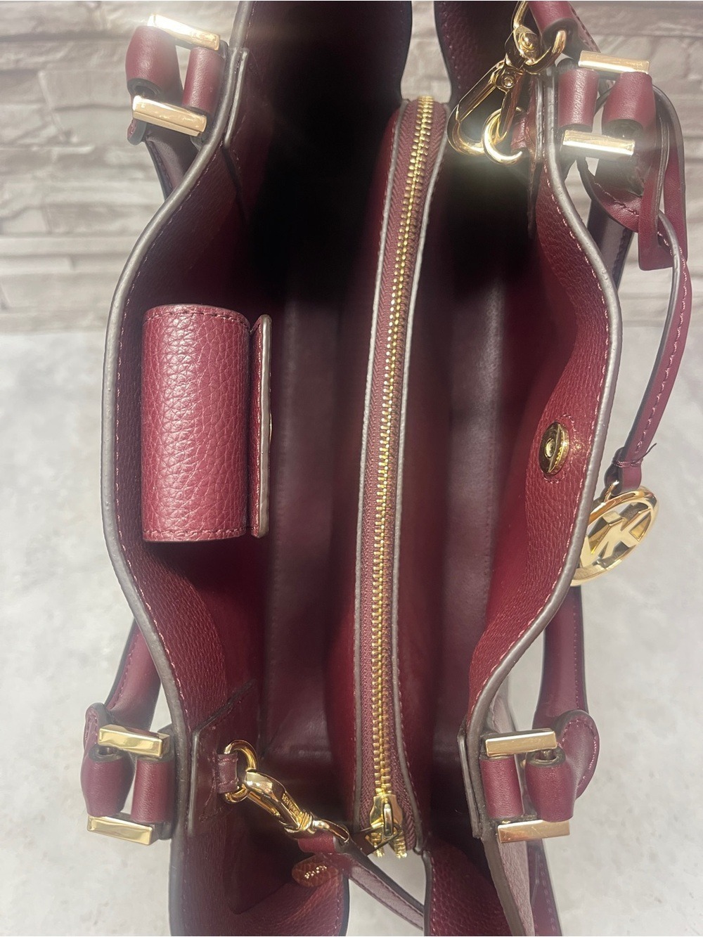 Michael Kors Kimberly Brown/Red Large Satchel & Matching Wallet Merlot Multi - Picture 6 of 14